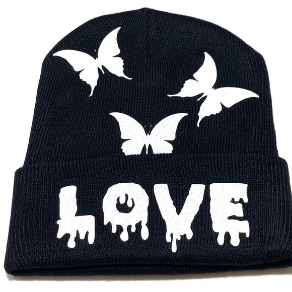 Winter Skully Beanie Hat With Love and Butterflies - Picture 4 of 7